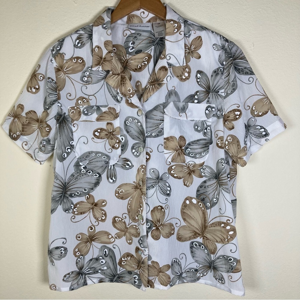 Alfred Dunner Petite 12P Butterfly Print Blouse Button Up Top Neutral Gray Tan